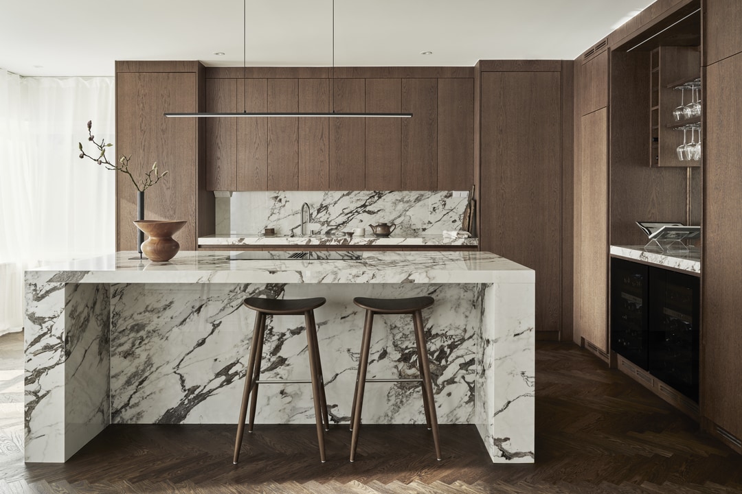 luxury kitchen with island Miami modern residence walnut marble integrated lighting